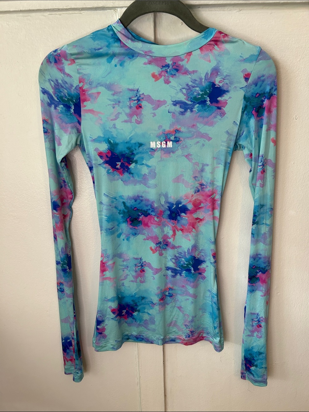 MSGM Aqua Tie-Dye Long Sleeve Crewneck Top with Pink & Blue Watercolor Accents